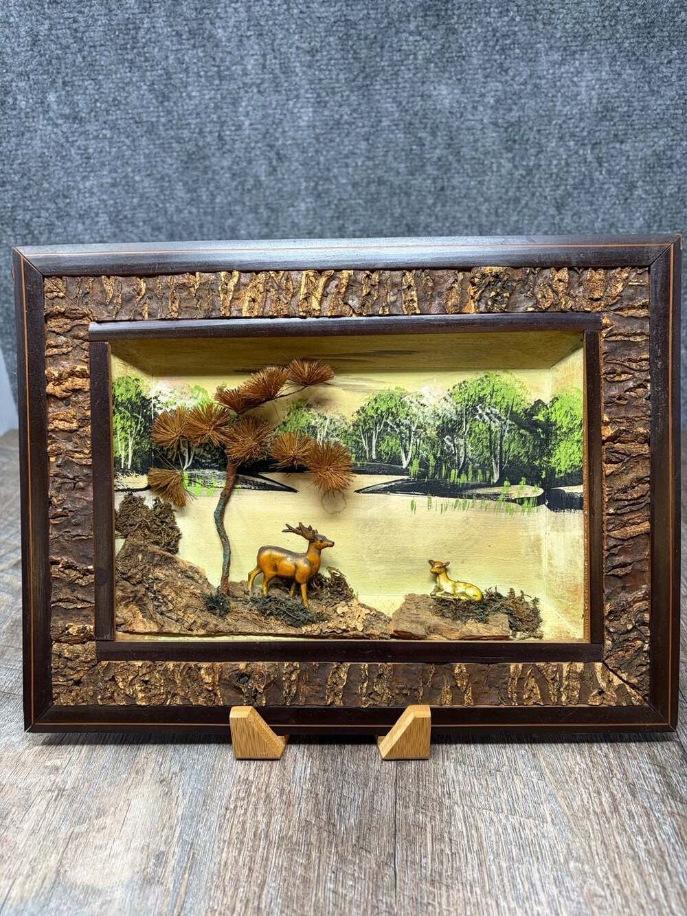 Vintage Framed 3D Japanese Bark and Moss Art Landscape deer-tree art picture MCM